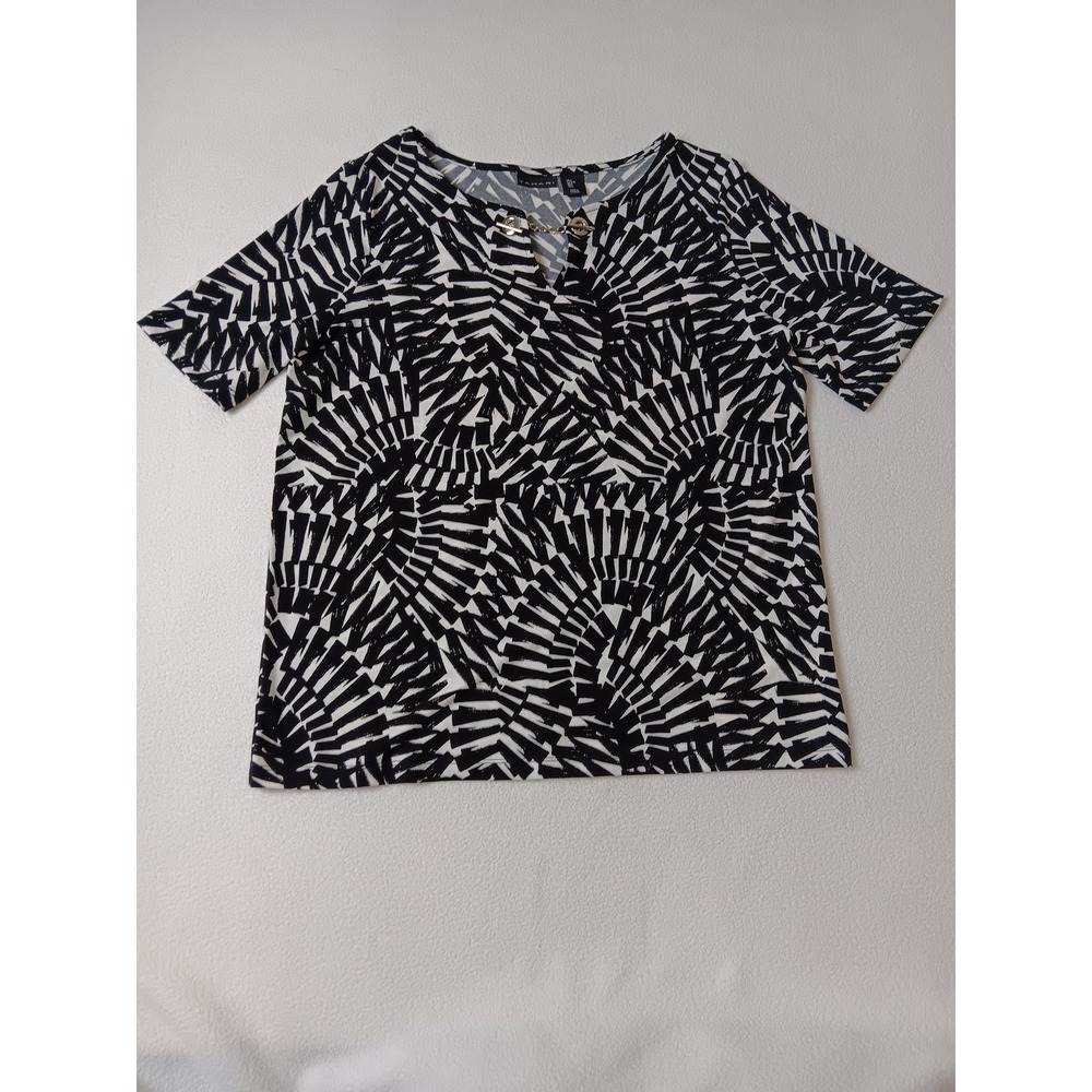 Tahari Womens Tunic Blouse L Black‎ Geometric V-Neck Stretch Buckle Lightweight